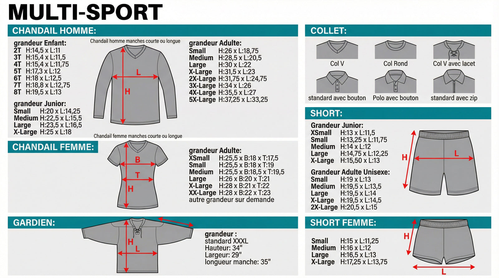 Charte de grandeurs — Multi-Sport